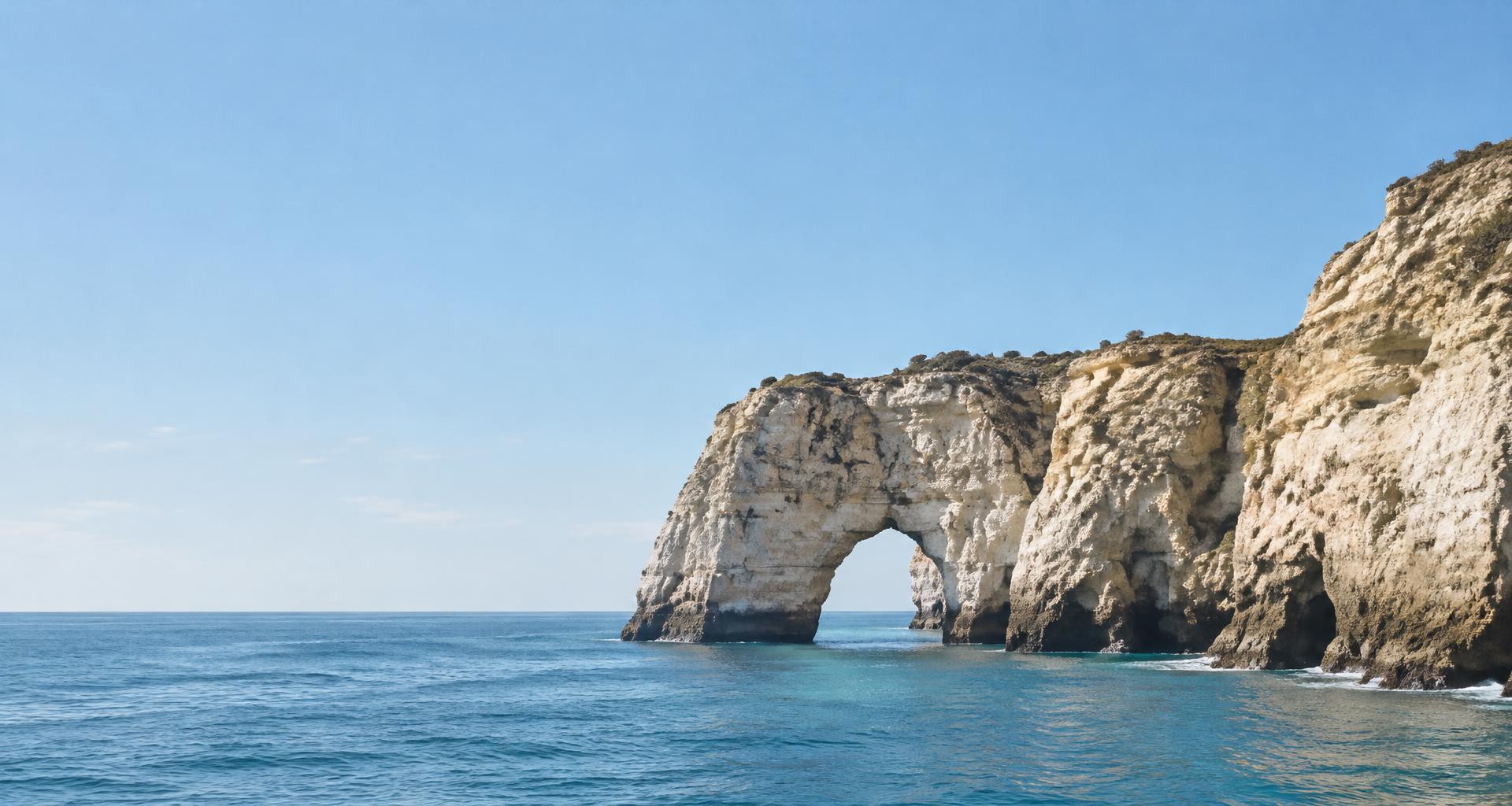 A sunlit coastal stone arch opening onto the Atlantic Ocean